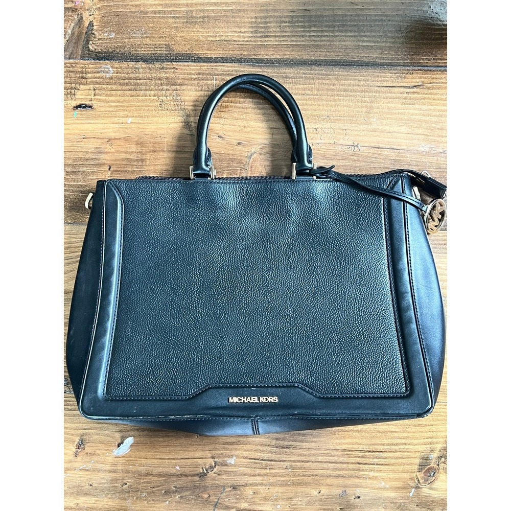 Michael Kors Black Pebbled Leather Satchel Handbag Gold Tone Hardware MK Charm